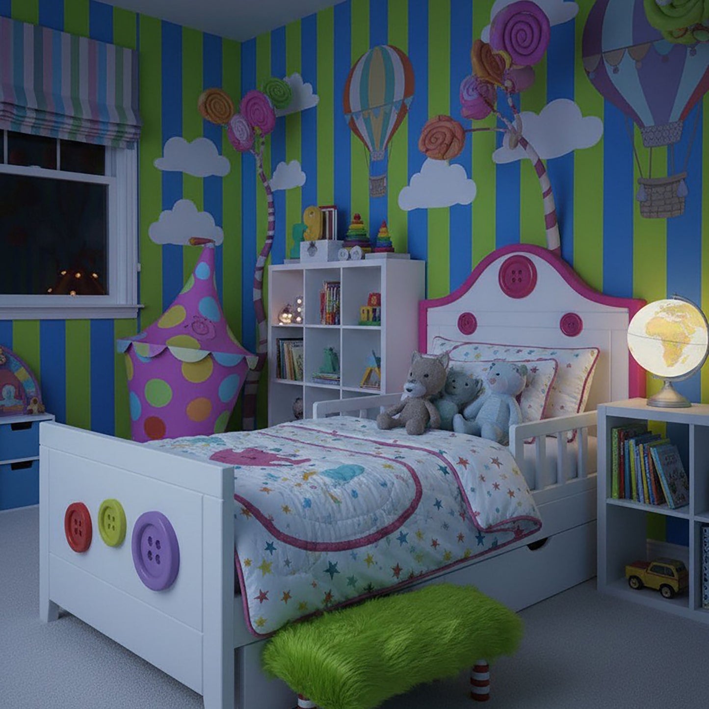 Whimsical Lime Green grouchy Holiday Footstool – Candy Cane stripe Legs