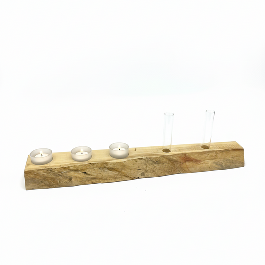 Handmade live edge Flame Box Elder tea light holder with three frosted glass tea lights and empty plant propagation tubes.