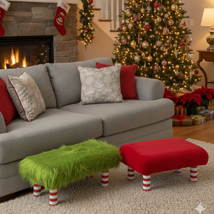 Handcrafted wood footstool with plush red faux fur top. It has red and white candy cane striped wood legs. Shown next to a lime green grouchy footstool with the same legs. Displayed in a modern living room decorated for the holidays. Made by Little Forest Studio.