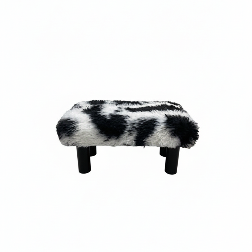 Handmade wooden footstool plush faux Cow Print