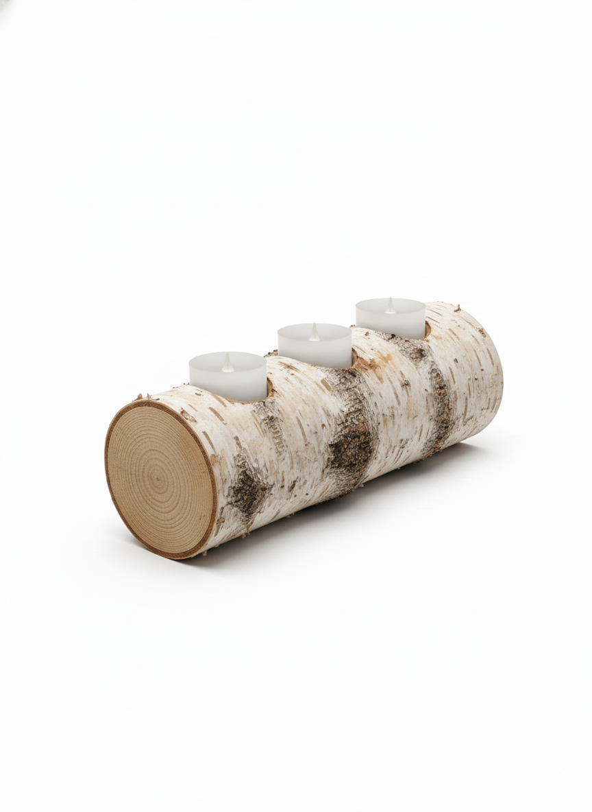 End view of handmade birch log tea light holder with 3 frosted glass tea lights