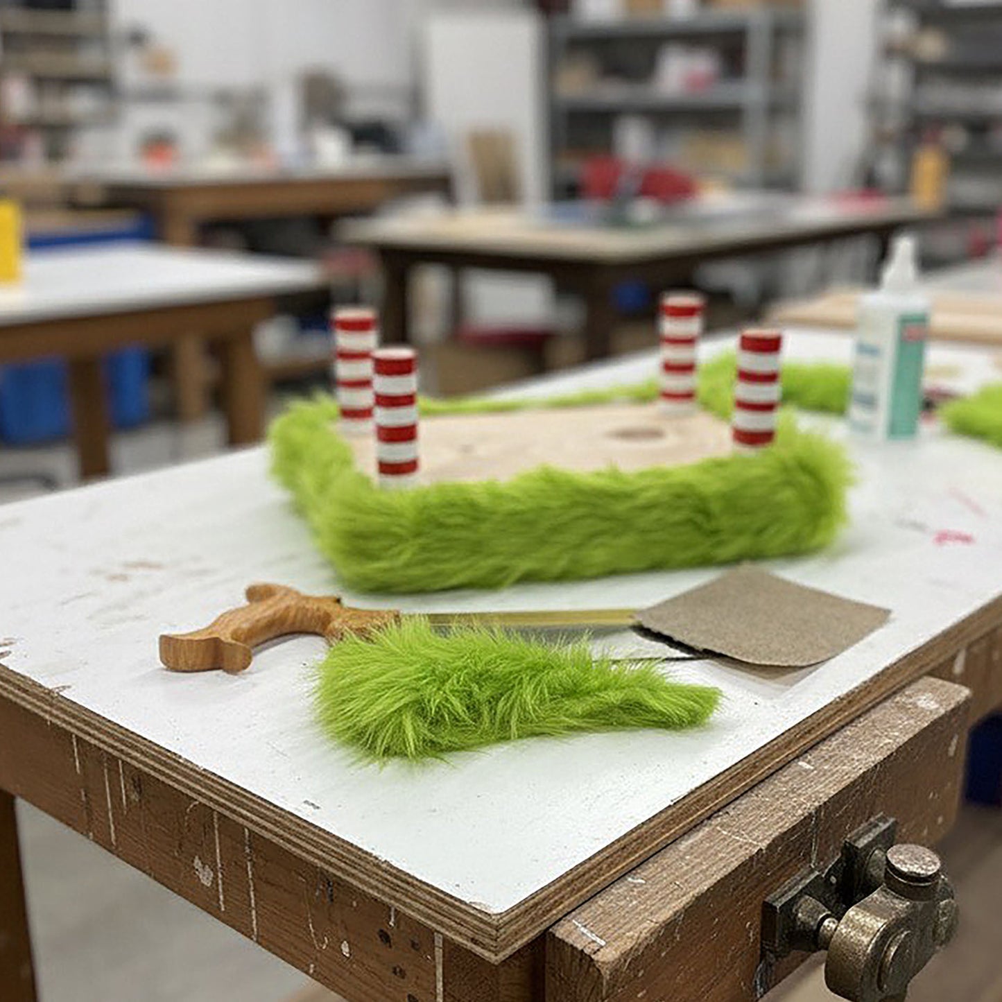 Whimsical Lime Green grouchy Holiday Footstool – Candy Cane stripe Legs