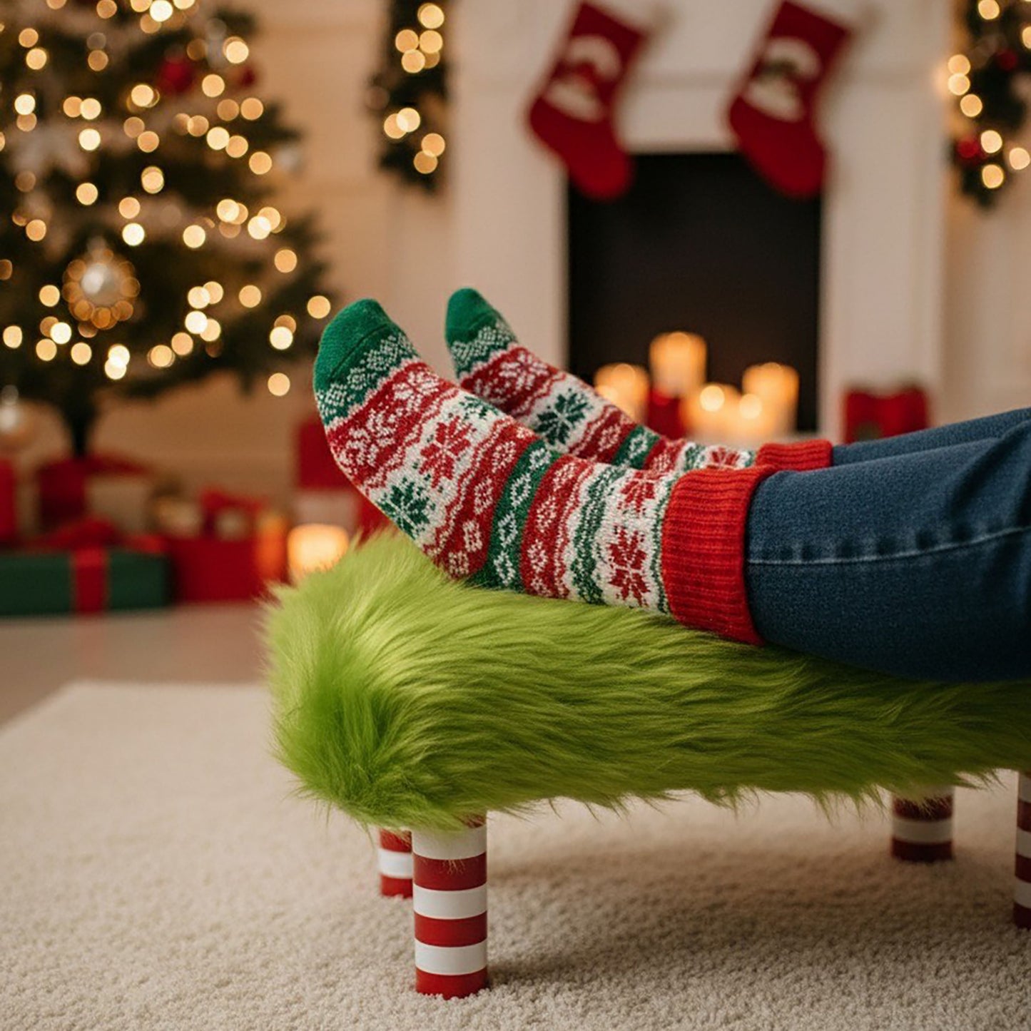 Whimsical Lime Green grouchy Holiday Footstool – Candy Cane stripe Legs