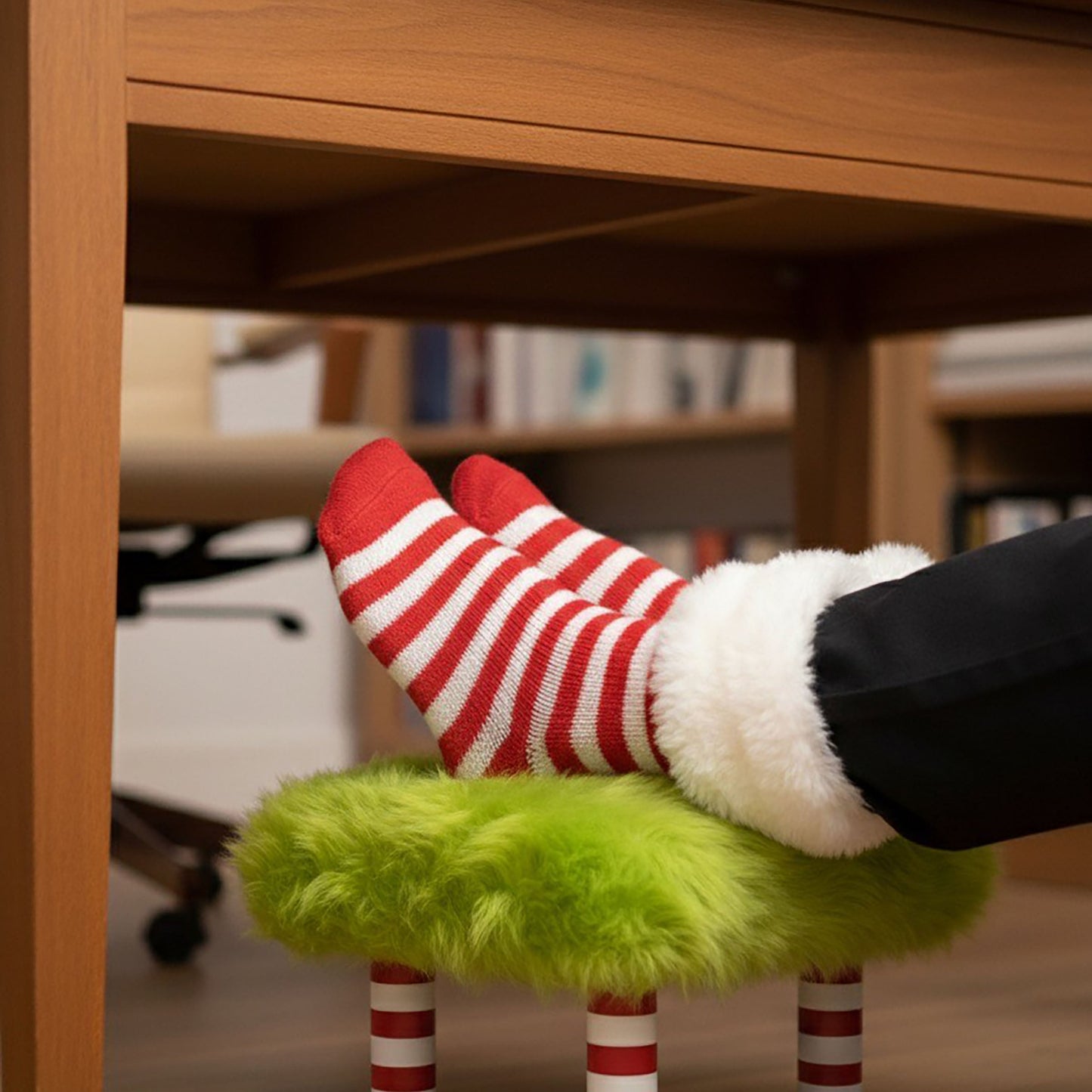 Whimsical Lime Green grouchy Holiday Footstool – Candy Cane stripe Legs