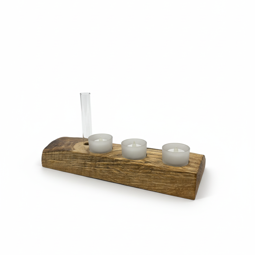 Handmade spalted maple wooden tea light holder with three frosted glass tea lights and a plant propagation tube, back and end view.