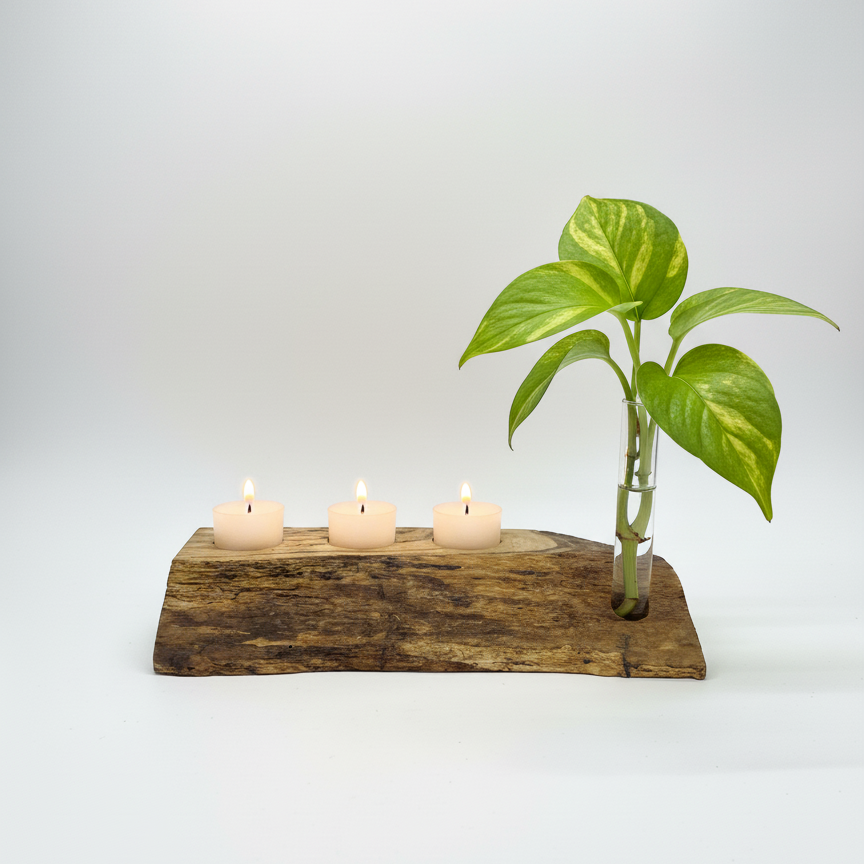 Handmade spalted maple wooden tea light holder with three frosted glass tea lights and a plant propagation tube, front view