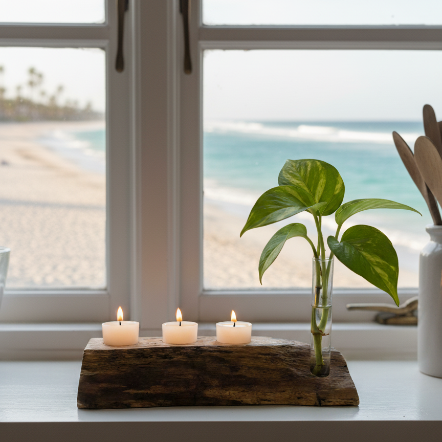 handmade spalted maple tea light candle holder showing it displayed on a kitchen window overlooking the ocean.