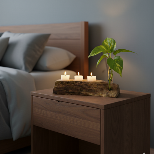 handmade spalted maple tea light candle holder showing it displayed on a night stand