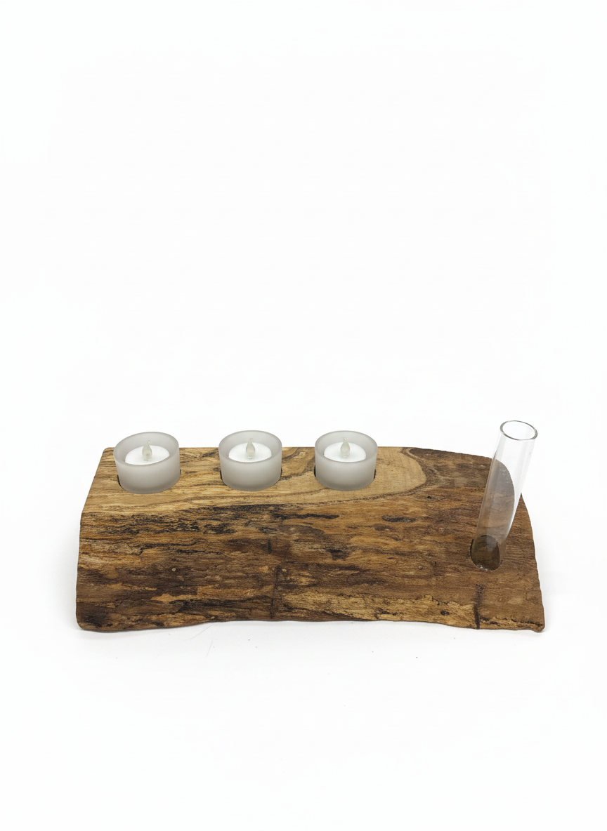 Top view of Handmade spalted maple wooden tea light holder with three frosted glass tea lights and a plant propagation tube, top view