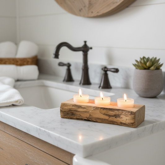 handmade spalted maple tea light candle holder showing it displayed on a rustic bathroom vanity