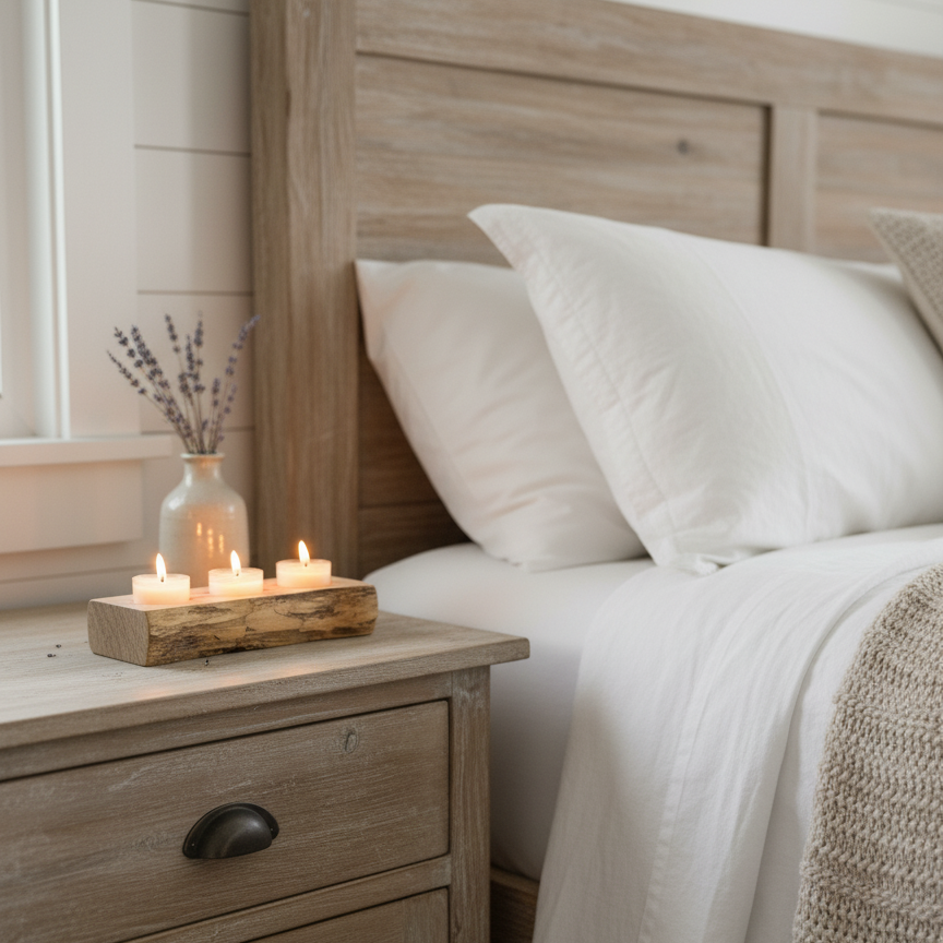 handmade spalted maple tea light candle holder showing it displayed on a night stand