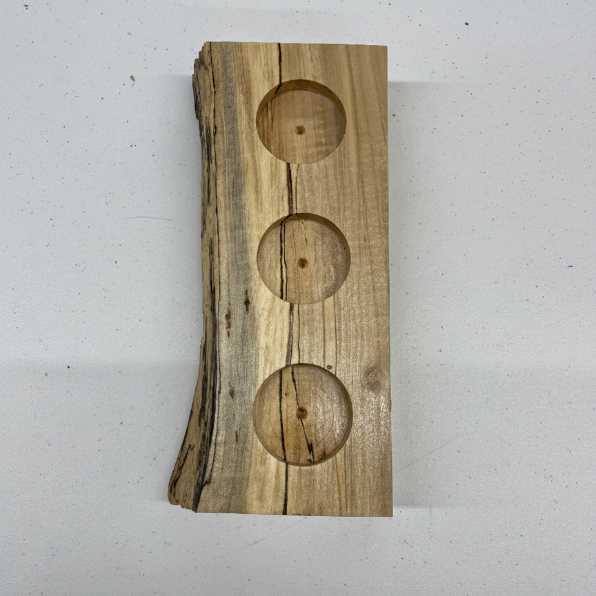 Top view of the Handmade spalted maple wooden tea light holder with holes for three frosted glass tea lights. Top down view showing stunning grain patterns in the wood