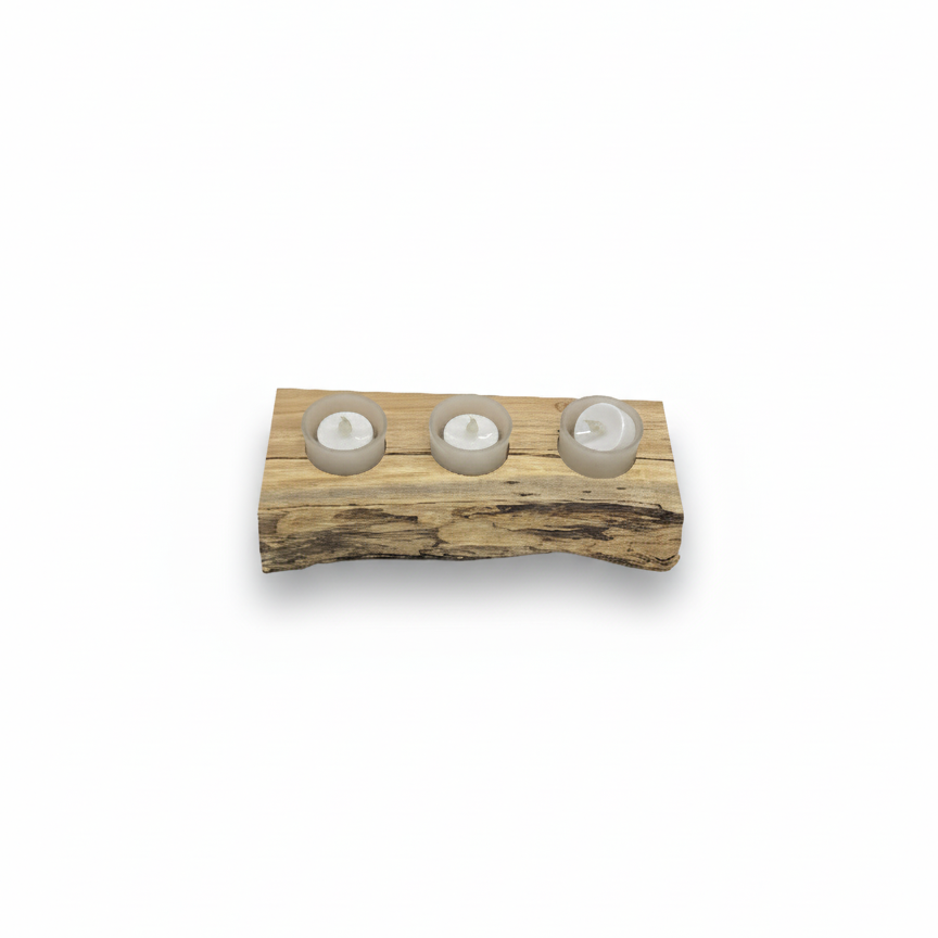 Top view of Handmade spalted maple wooden tea light holder with three frosted glass tea lights, top view