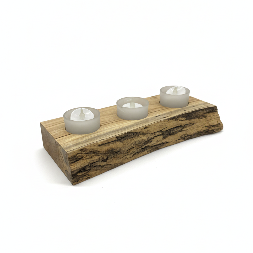 Handmade spalted maple wooden tea light holder with three frosted glass tea lights, angle and end view.