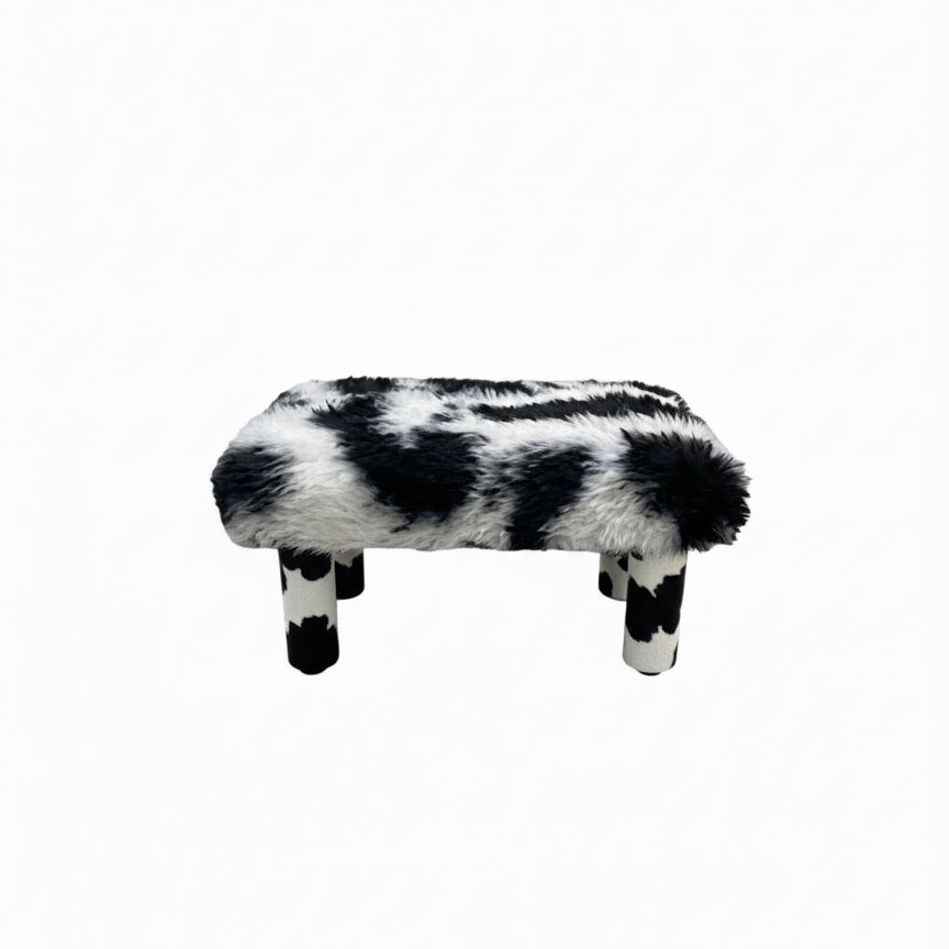 Handmade wooden footstool plush faux Cow Print