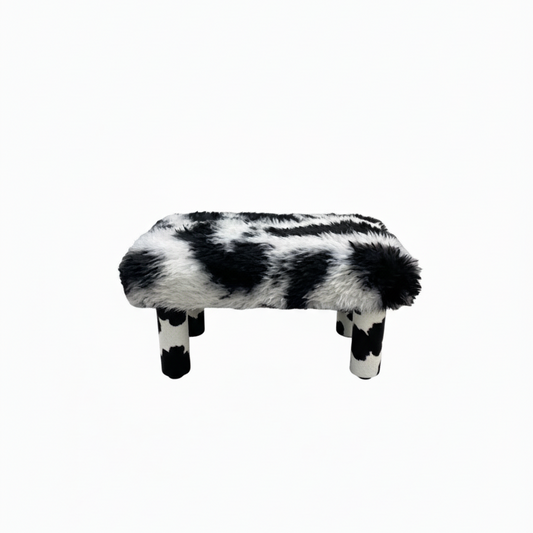 Handmade wooden footstool plush faux Cow Print