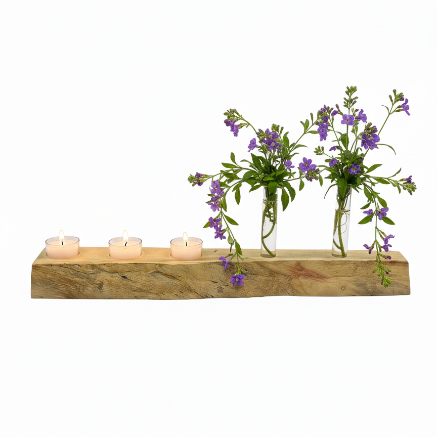 Handmade live edge Flame Box Elder tea light holder with three frosted glass tea lights glowing and plant test tubes filled with flower cuttings.