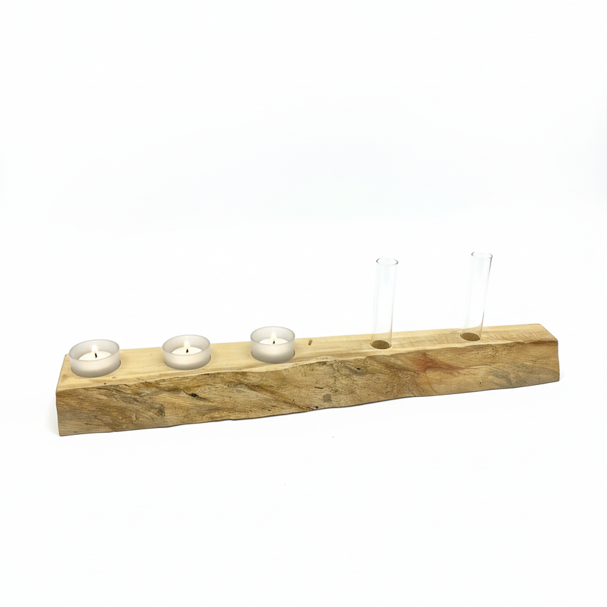 Handmade live edge Flame Box Elder tea light holder with three frosted glass tea lights and empty plant propagation tubes.