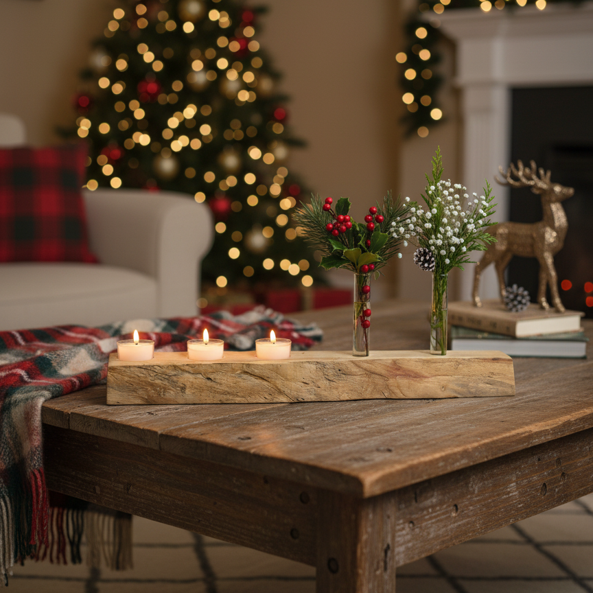 Handmade live edge Flame Box Elder tea light holder with three frosted glass tea lights glowing and plant test tubes filled with Holiday flower cuttings. Sitting on a coffee table in a holiday decorated living room