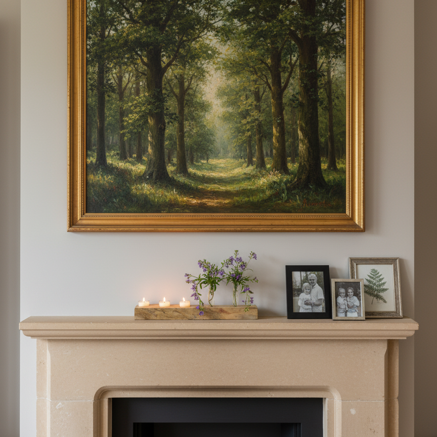 Handmade live edge Flame Box Elder tea light holder with three frosted glass tea lights glowing and plant test tubes filled with flower cuttings. Sitting on a mantle with a painting above it