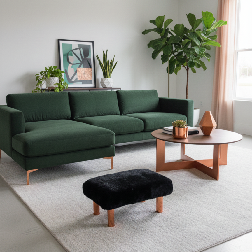 Handcrafted wood footstool with plush black faux fur top and copper colored wood legs. Displayed in a modern living room. Made by Little Forest Studio.