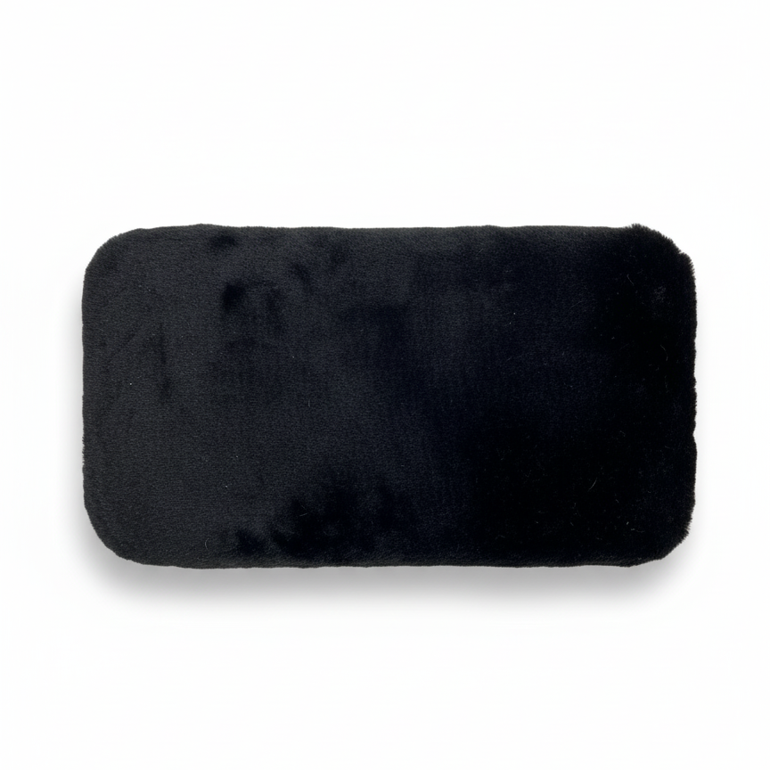 Handcrafted footstool top with plush black faux fur top.  On a white background. Made by Little Forest Studio.