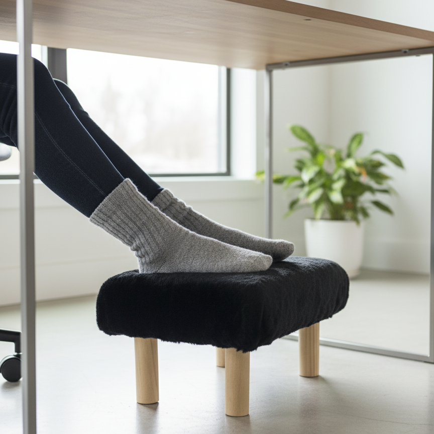 Handcrafted wood footstool with plush black faux fur top and natural colored wood legs. Displayed under a modern desk. Someone is resting their feet on it. Made by Little Forest Studio.