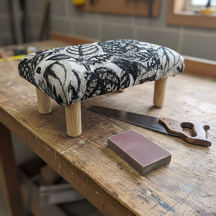 Handcrafted small footstool with natural color wood legs. It has a black and white leaf pattern fabric top.  It is displayed on a workbench with tools around. Made by Little Forest Studio