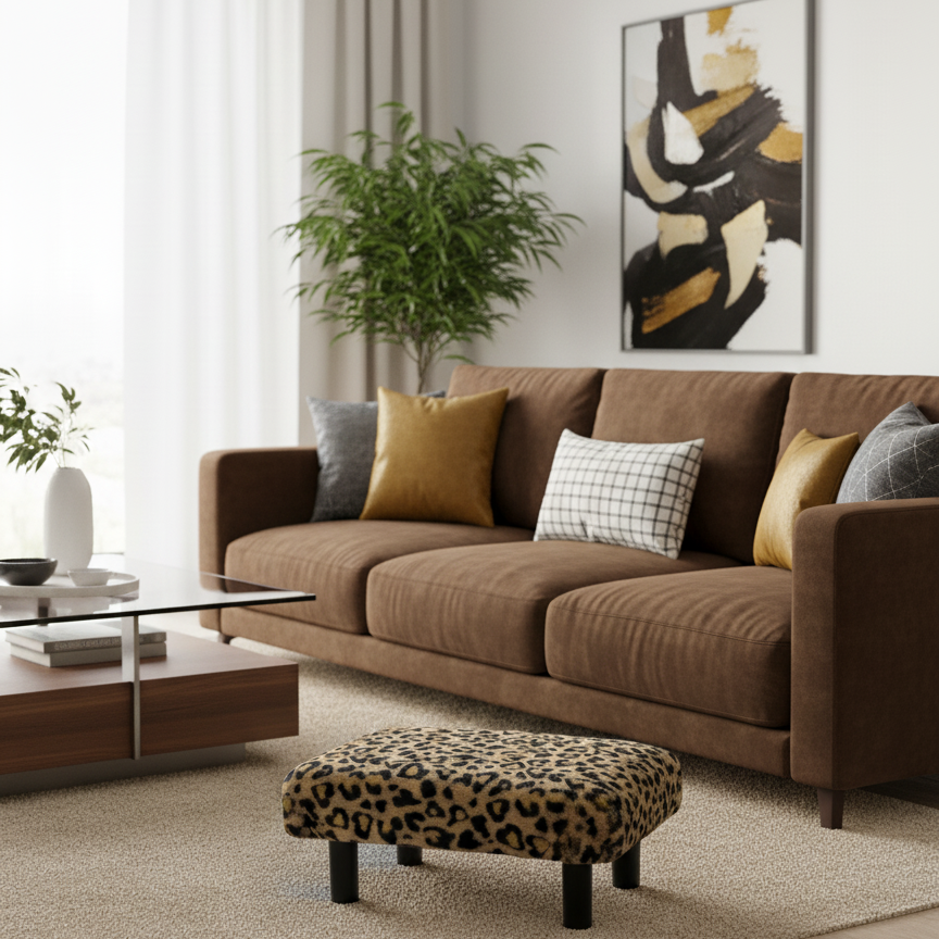 Handcrafted wood footstool with plush cheetah print faux fur top and black wood legs. Displayed in a modern living room. Made by Little Forest Studio.