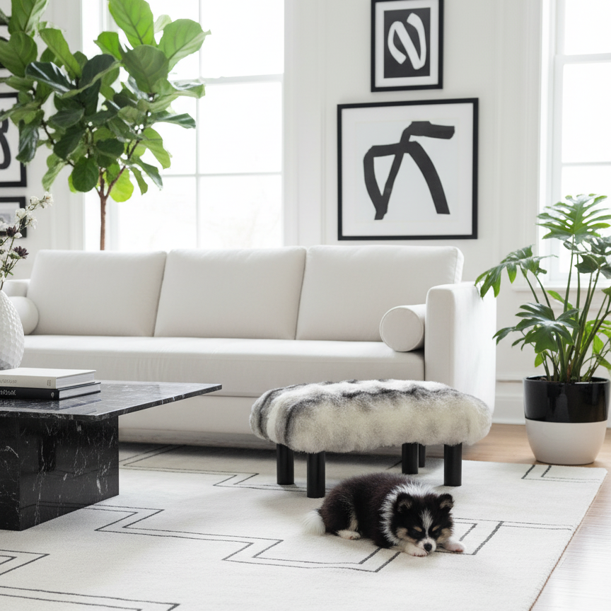 handmade solid wood footstool  / foot rest with Ultra soft Faux Chinchilla print fur and black legs in modern living room. 