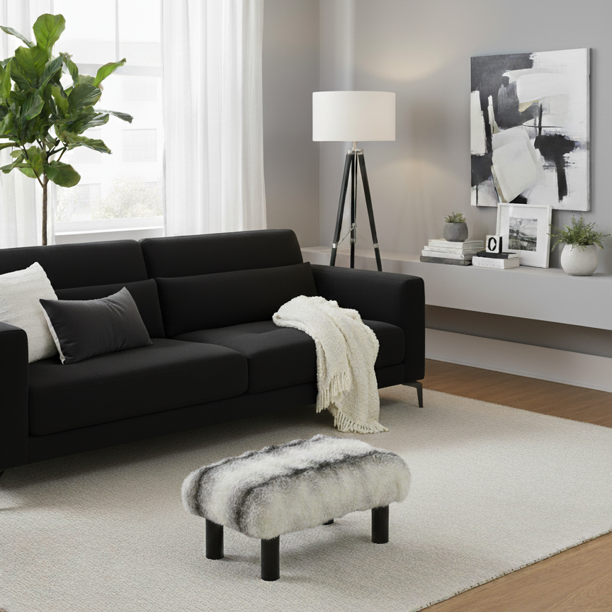 Handcrafted wood footstool with plush chinchilla faux fur top and black wood legs. Displayed in a modern living room Made by Little Forest Studio.