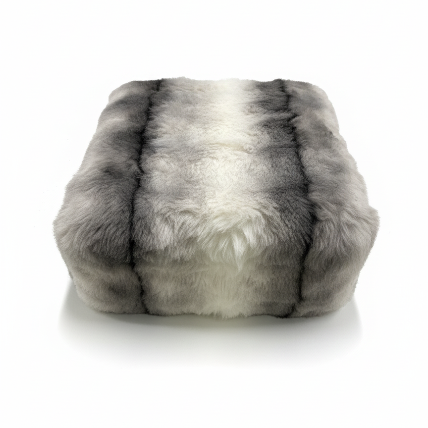 Handcrafted footstool top with plush chinchilla print faux fur top.  On a white background. Made by Little Forest Studio.