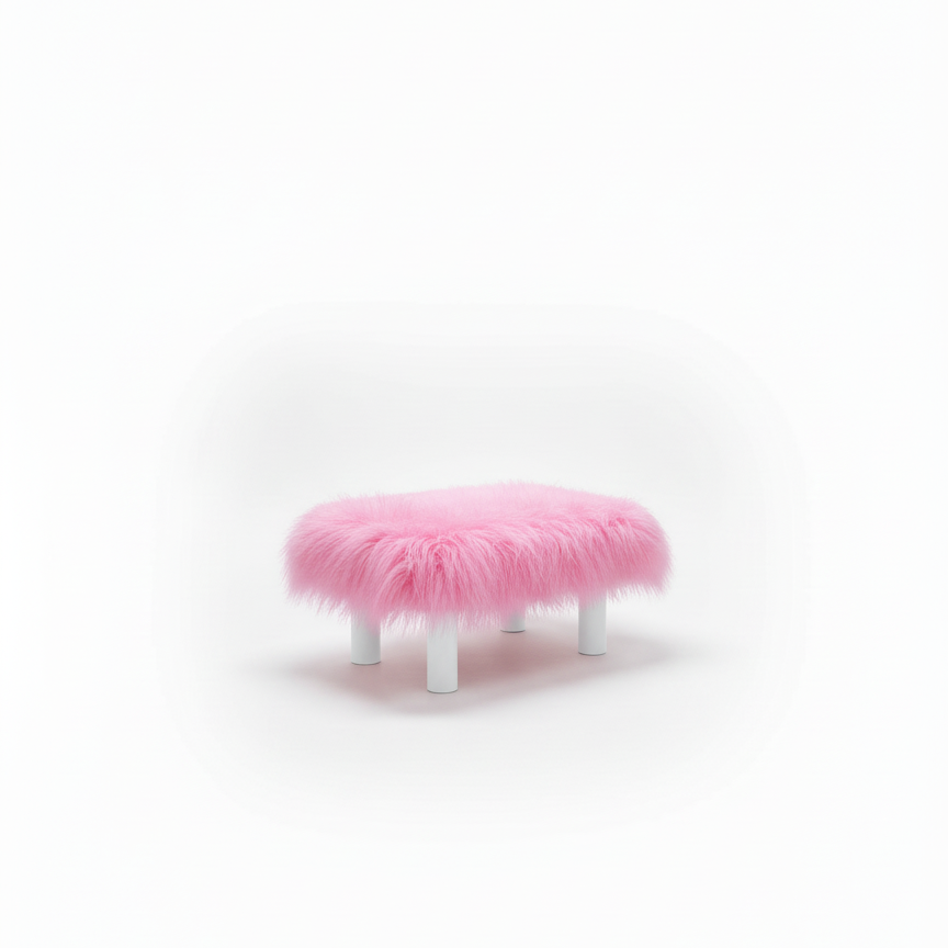 Handcrafted footstool with plush light pink shaggy faux fur top. It has wooden white legs. On a white background. Made by Little Forest Studio
