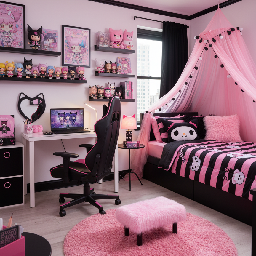 Handcrafted wood footstool with plush light pink shaggy faux fur top. It has black wood legs. Shown in a girls bedroom decorated in anime and kawaii style. Made by Little Forest Studio