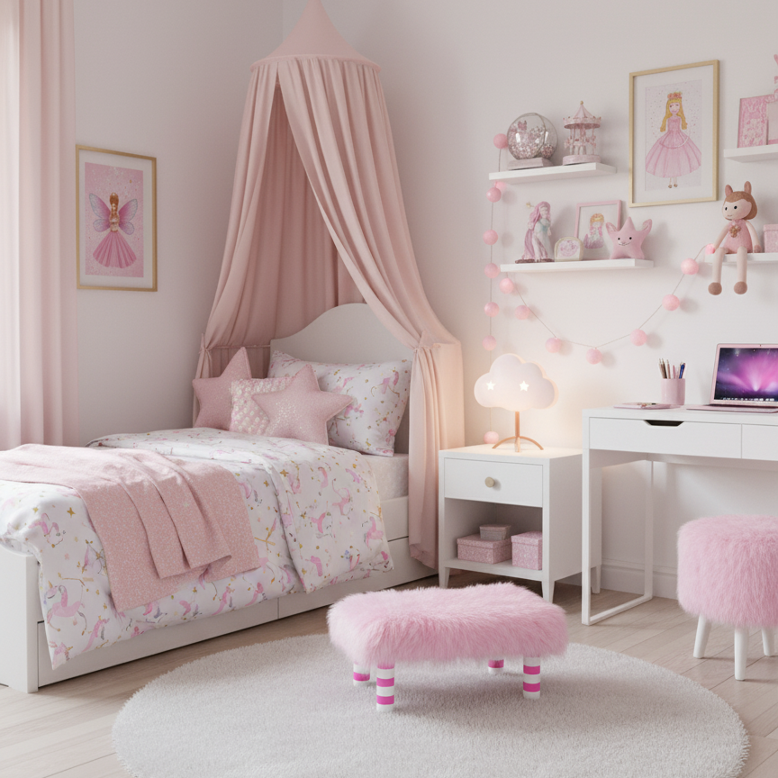 Handcrafted wood footstool with plush light pink shaggy faux fur top. It has pink and white striped wood legs. Shown in a girls bedroom decorated in light pinks. Made by Little Forest Studio