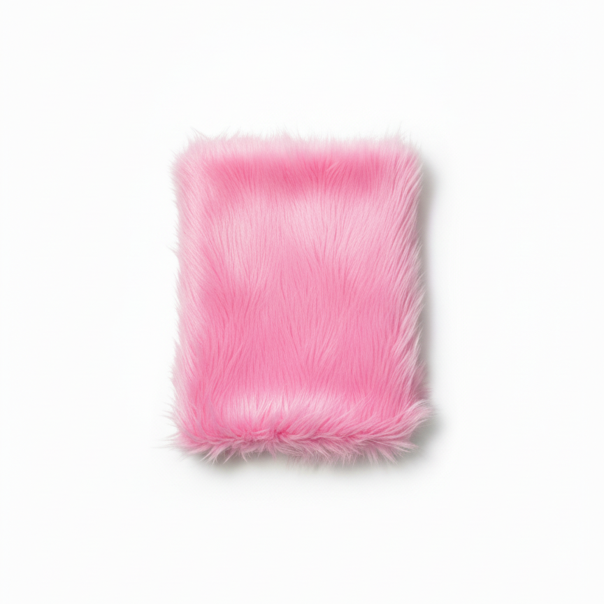 Handcrafted footstool top with plush light pink shaggy faux fur. On a white background. Made by Little Forest Studio