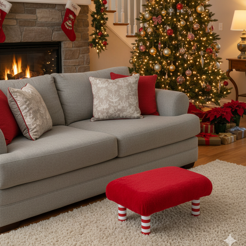 Handcrafted wood footstool with plush red faux fur top. It has red and white candy cane striped wood legs. Displayed in a modern living room decorated for the holidays. Made by Little Forest Studio.