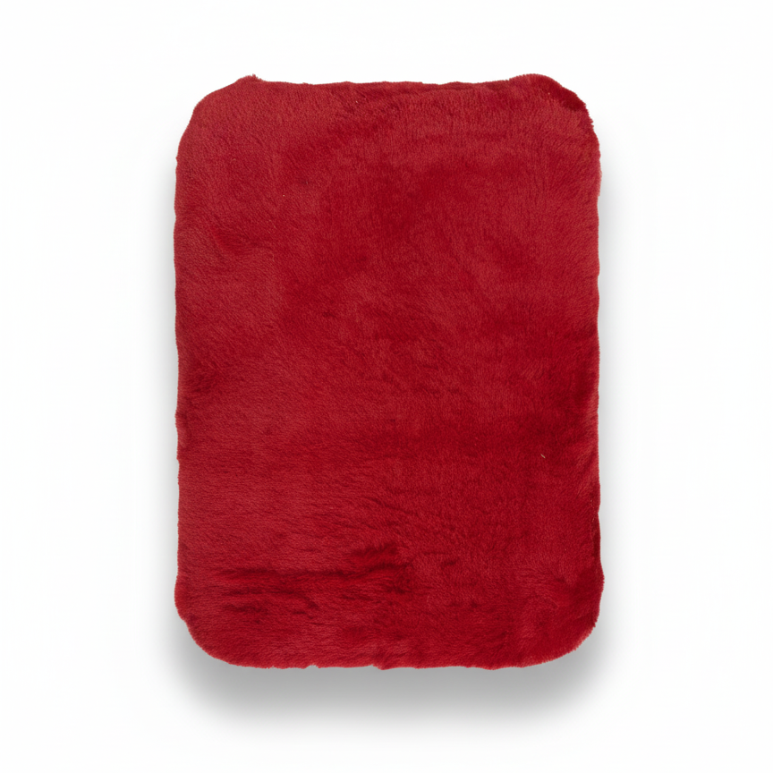 Handcrafted footstool top with plush red faux fur. On a white background. Made by Little Forest Studio.