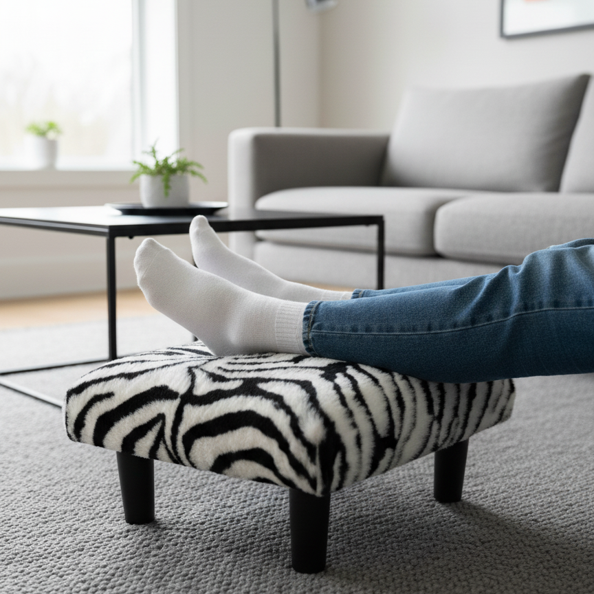 Handcrafted wood footstool with Zebra print faux fur top and black wood legs. Displayed in a modern living room with a person resting their feet on it. Made by Little Forest Studio.