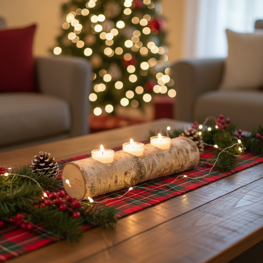 handmade birch log tea light holder with 3 frosted glass tea lights on a coffee table