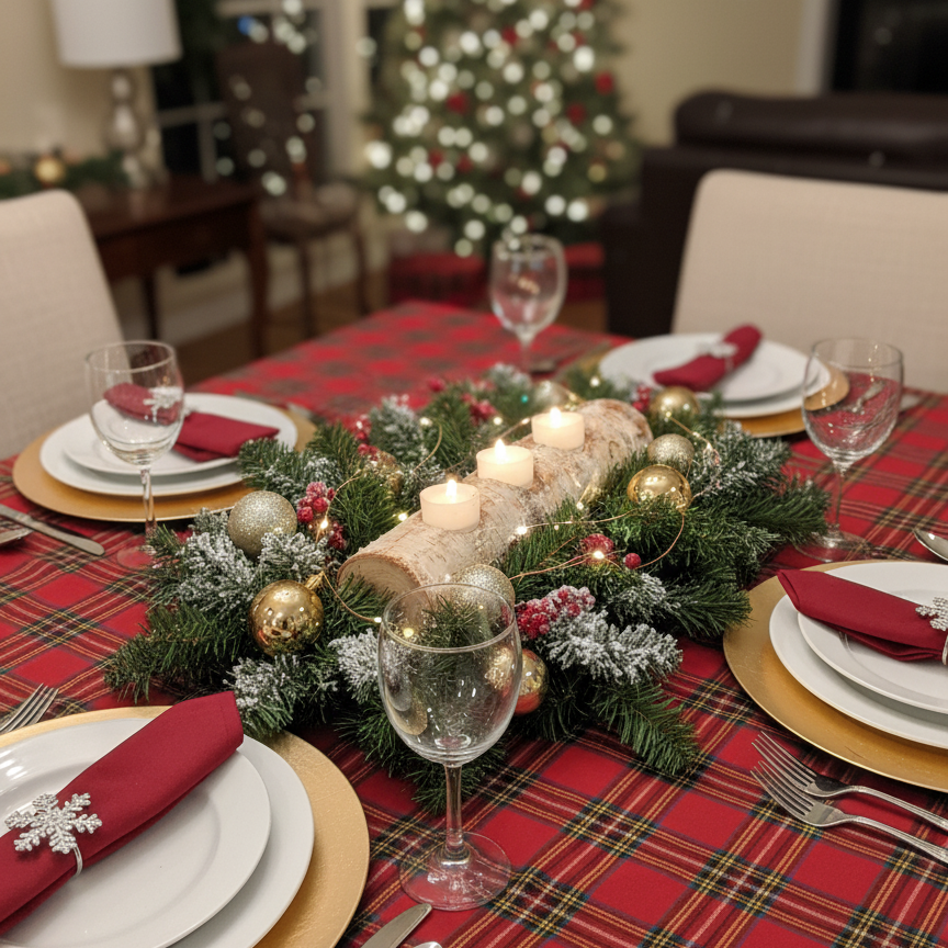 handmade birch log tea light holder with 3 frosted glass tea lights on a dining table