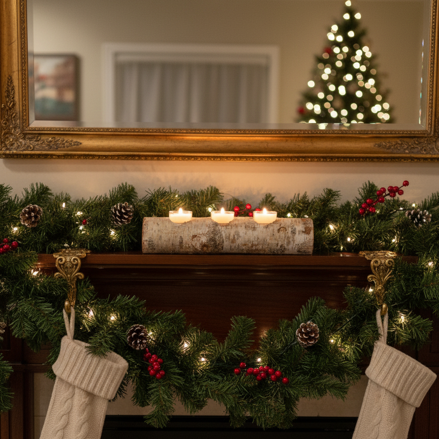 handmade birch log tea light holder with 3 frosted glass tea lights on a mantle