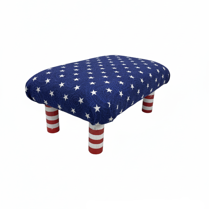 Handmade Wooden Footstool – Blue Stars (Natural or Red/White Stripe legs)