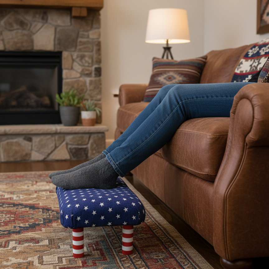 Handmade Wooden Footstool – Blue Stars (Natural or Red/White Stripe legs)