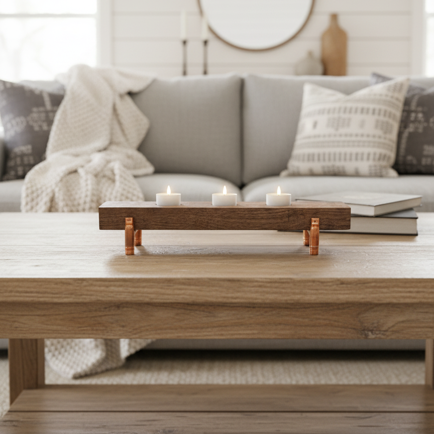 handmade walnut and copper tea light candle holder showing it displayed on a dining table