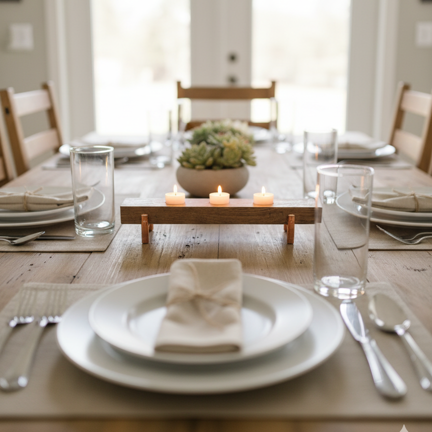 handmade walnut and copper tea light candle holder showing it displayed on a dining table