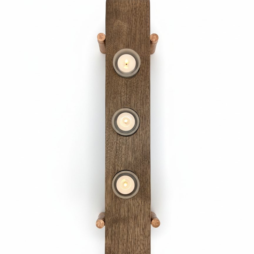 End view of handmade walnut and copper tea light candle holder showing design and base height