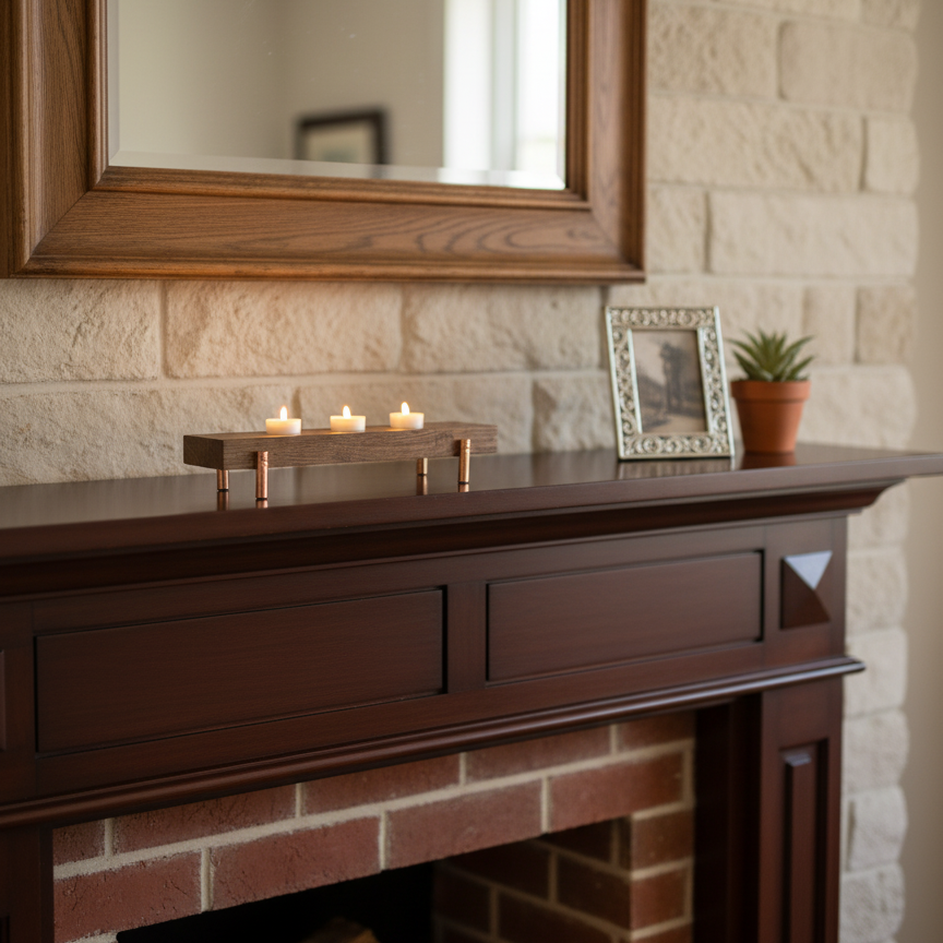 handmade walnut and copper tea light candle holder showing it displayed on a fireplace mantle