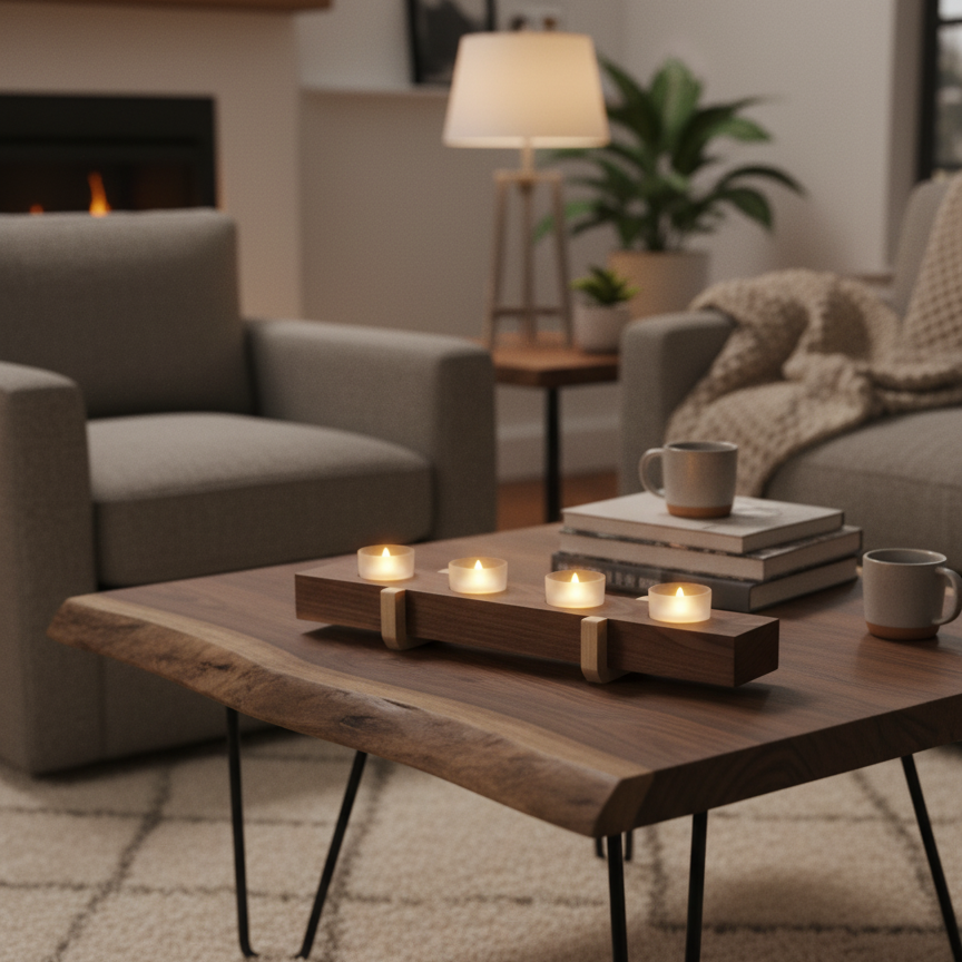 handmade walnut and maple tea light candle holder showing it displayed on a coffee table