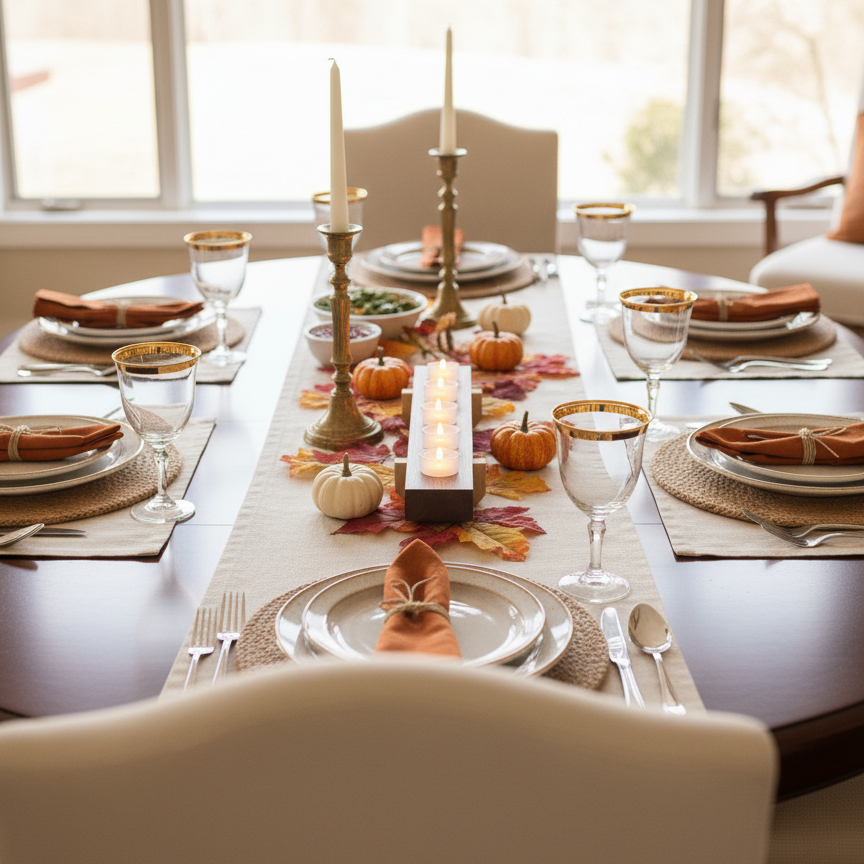 handmade walnut and maple tea light candle holder showing it displayed on a dining table